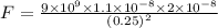 F=\frac{9\times 10^9\times 1.1\times 10^{-8}\times 2\times 10^{-8}}{(0.25)^2}