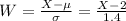 W = \frac{X-\mu}{\sigma} = \frac{X-2}{1.4}