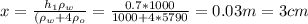 x = \frac{ h_1\rho_w }{(\rho_w + 4\rho_o } = \frac{0.7*1000}{1000 + 4*5790} = 0.03m = 3 cm