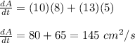 \frac{dA}{dt}=(10)(8)+(13)(5)\\\\\frac{dA}{dt}=80+65=145\ cm^2/s