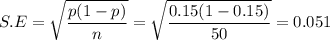S.E = \sqrt{\dfrac{p(1-p)}{n}} = \sqrt{\dfrac{0.15(1-0.15)}{50}} = 0.051