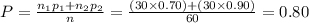 P=\frac{n_{1}p_{1}+n_{2}p_{2}}{n}=\frac{(30\times0.70)+(30\times0.90)}{60}=0.80