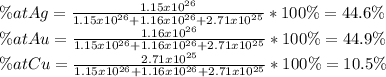 \% atAg=\frac{1.15x10^{26}}{1.15x10^{26}+1.16x10^{26}+2.71x10^{25}}*100\% =44.6\%\\\% atAu=\frac{1.16x10^{26}}{1.15x10^{26}+1.16x10^{26}+2.71x10^{25}}*100\% =44.9\%\\\% atCu=\frac{2.71x10^{25}}{1.15x10^{26}+1.16x10^{26}+2.71x10^{25}}*100\% =10.5\%
