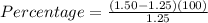 Percentage = \frac{(1.50-1.25)(100)}{1.25}