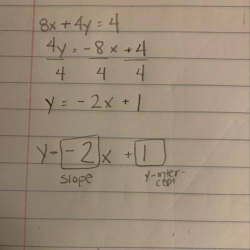 Given 8x+4y =4, identify the slope and the y- intercept (all fractions will be written as 1/2 ,1/4