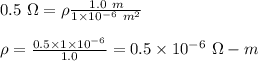 0.5\ \Omega=\rho\frac{1.0\ m}{1\times 10^{-6}\ m^2}\\\\\rho=\frac{0.5\times 1\times 10^{-6}}{1.0}=0.5\times 10^{-6}\ \Omega-m