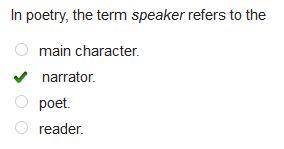 In poetry, the term speaker refers to the... Main character  Narrator Poet Reader