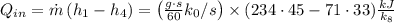 Q_{i n}=\dot{m}\left(h_{1}-h_{4}\right)=\left(\frac{g \cdot s}{60} k_{0} / s\right) \times(234 \cdot 45-71 \cdot 33) \frac{k J}{k_{8}}