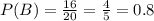 P(B)=\frac{16}{20} =\frac{4}{5} =0.8