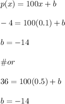 p(x)=100x+b\\\\-4=100(0.1)+b\\\\b=-14\\\\\#or\\\\36=100(0.5)+b\\\\b=-14