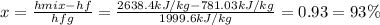 x=\frac{hmix-hf}{hfg}=\frac{2638.4kJ/kg-781.03kJ/kg}{1999.6kJ/kg} =0.93=93\%
