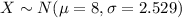 X \sim N(\mu=8,\sigma=2.529)