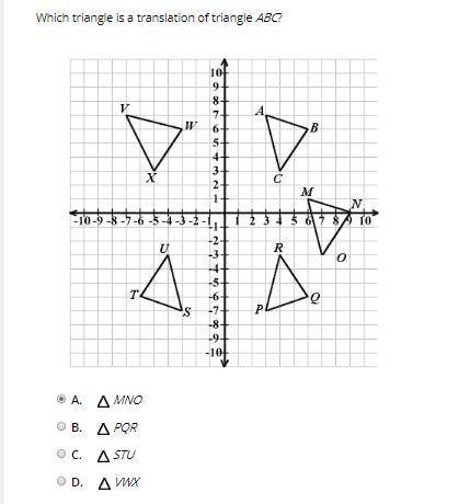 Which triangle is a translation of triangle abc?   mno pqr stu vwx