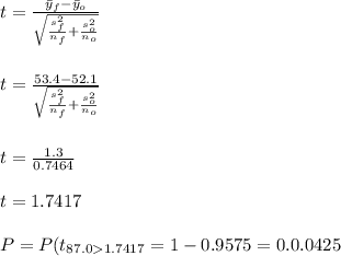 t=\frac{\bar y_f-\bar y_o}{\sqrt{\frac{s_f^2}{n_f}+\frac{s_o^2}{n_o}}}\\\\\\t=\frac{53.4-52.1}{\sqrt{\frac{s_f^2}{n_f}+\frac{s_o^2}{n_o}}}\\\\\\t=\frac{1.3}{0.7464}\\\\t=1.7417\\\\P=P(t_{87.01.7417}=1-0.9575=0.0.0425