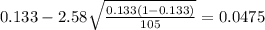 0.133 - 2.58\sqrt{\frac{0.133(1-0.133)}{105}}=0.0475