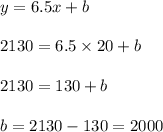 y=6.5x+b\\\\2130=6.5\times 20+b\\\\2130 = 130+b\\\\b=2130-130 = 2000
