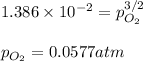1.386\times 10^{-2}=p_{O_2}^{3/2}\\\\p_{O_2}=0.0577atm