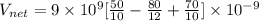 V_{net}=9\times 10^9[\frac{50}{10}-\frac{80}{12}+\frac{70}{10}]\times 10^{-9}