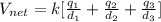 V_{net}=k[\frac{q_1}{d_1}+\frac{q_2}{d_2}+\frac{q_3}{d_3}]