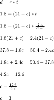 d = r*t\\\\1.8 = (21-c)*t\\\\1.8 = (21-c)*\frac{2.4}{21+c}\\\\1.8(21+c) = 2.4(21-c)\\\\37.8+1.8c = 50.4-2.4c\\\\1.8c+2.4c = 50.4-37.8\\\\4.2c = 12.6\\\\c = \frac{12.6}{4.2}\\\\c = 3\\\\