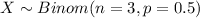 X \sim Binom(n=3, p=0.5)