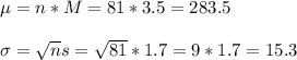 \mu=n*M=81*3.5=283.5\\\\\sigma=\sqrt{n}s=\sqrt{81}*1.7=9*1.7=15.3