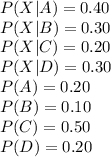 P (X|A)=0.40\\P(X|B)=0.30\\P(X|C)=0.20\\P(X|D)=0.30\\P(A)=0.20\\P(B)=0.10\\P(C)=0.50\\P(D)=0.20