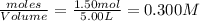 \frac{moles}{Volume}=\frac{1.50mol}{5.00L}=0.300M