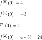 f^{(0)}(0)} = 4 \\\\\ f^{(1)}(0) = -3 \\\\\f^{(2)}(0) = 4 \\\ \\f^{(3)}(0) = 4*3! = 24
