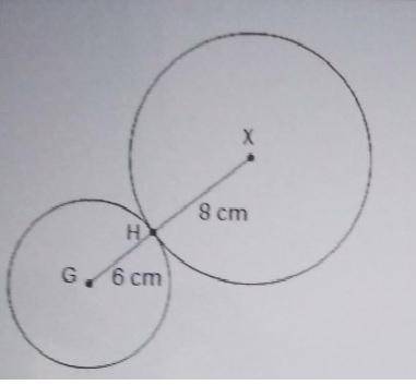 Circles G and X are connected at point H. The length of G H is 6 centimeters and the length of H X i