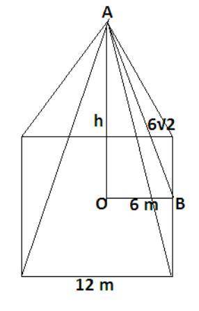 A right pyramid with a square base has a base edge length of 12 meters and slant height of 6StartRoo