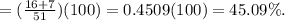 = (\frac{16+7}{51} )(100 )= 0.4509(100) = 45.09\%.