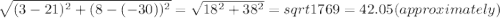 \sqrt{(3-21)^{2} +(8-(-30))^{2 }} = \sqrt{18^{2}+38^{2}}=sqrt{1769}= 42.05 (approximately)