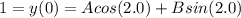 1=y(0)= A cos(2. 0) +B sin(2. 0)