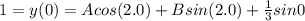 1=y(0)= A cos(2. 0) +B sin(2. 0)+\frac 13sin0