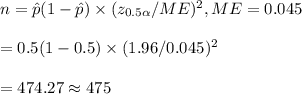 n=\hat p(1-\hat p)\times (z_{0.5\alpha}/ME)^2, ME=0.045\\\\=0.5(1-0.5)\times (1.96/0.045)^2\\\\=474.27\approx 475