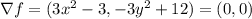 \nabla f =  (  3x^2  -3  , -3y^2 + 12 )  =  ( 0,0)