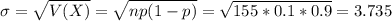 \sigma = \sqrt{V(X)} = \sqrt{np(1-p)} = \sqrt{155*0.1*0.9} = 3.735