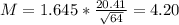 M = 1.645*\frac{20.41}{\sqrt{64}} = 4.20