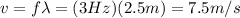 v=f\lambda=(3 Hz)(2.5 m)=7.5 m/s