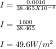 I = \frac{0.0016}{38.465 X 10^-^6} \\\\I = \frac{1600}{38.465} \\\\I = 49.6 W/m^2
