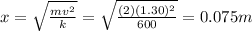 x=\sqrt{\frac{mv^2}{k}}=\sqrt{\frac{(2)(1.30)^2}{600}}=0.075 m