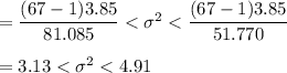 =\dfrac{(67-1)3.85}{81.085} < \sigma^2 < \dfrac{(67-1)3.85}{51.770}\\\\=3.13