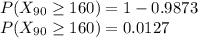 P(X_{90} \geq 160) = 1 - 0.9873\\P(X_{90} \geq 160) =0.0127