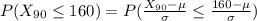 P(X_{90}\leq160) = P(\frac{X_{90}- \mu }{\sigma}\leq  \frac{160- \mu }{\sigma})