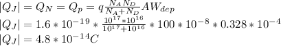 |Q_{J}|=Q_{N}=Q_{p}  =q\frac{N_{A}N_{D}  }{N_{A}+N_{D}  }AW_{dep}   \\|Q_{J}|=1.6*10^-^1^9*\frac{10^1^7*10^1^6}{10^1^7+10^1^6}  *100*10^-^8*0.328*10^-^4\\|Q_{J}|=4.8*10^-^1^4C