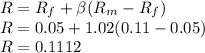 R=R_f+\beta(R_m-R_f)\\R=0.05+1.02(0.11-0.05)\\R=0.1112