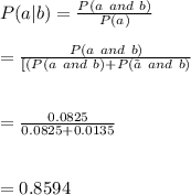 P(a|b)=\frac{P(a \ and\  b)}{P(a)}\\\\=\frac{P(a \ and \ b)}{[(P(a \ and \ b)+P(\~a \ and \ b)}\\\\\\=\frac{0.0825}{0.0825+0.0135}\\\\\\=0.8594