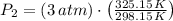 P_{2} = (3\,atm)\cdot \left(\frac{325.15\,K}{298.15\,K}  \right)