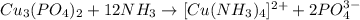 Cu_3(PO_4)_2+12NH_3\rightarrow [Cu(NH_3)_4]^{2+}+2PO_4^{3-}